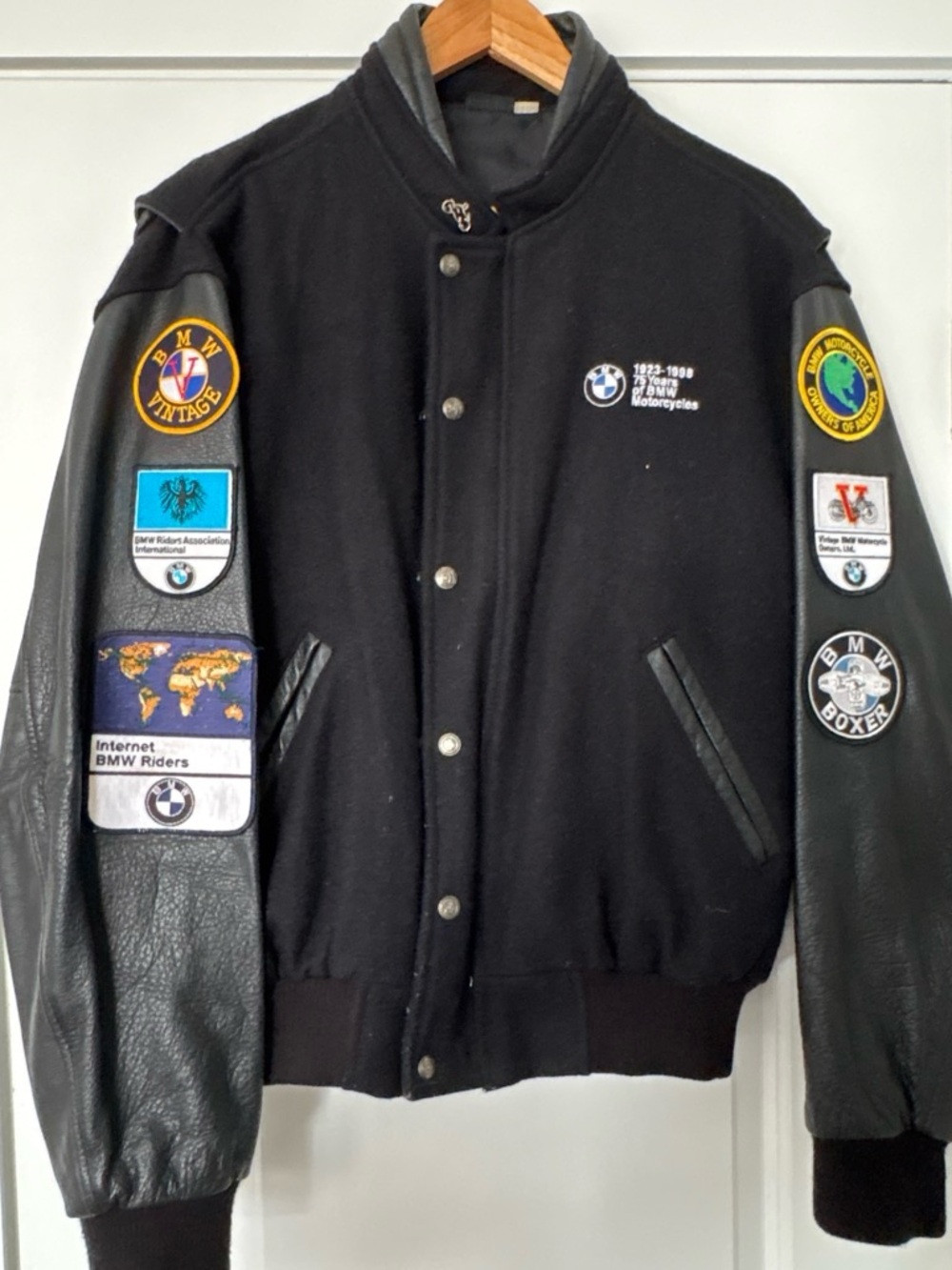 BMW Black Wool Body Leather-Sleeve Varsity Jacket with Patches